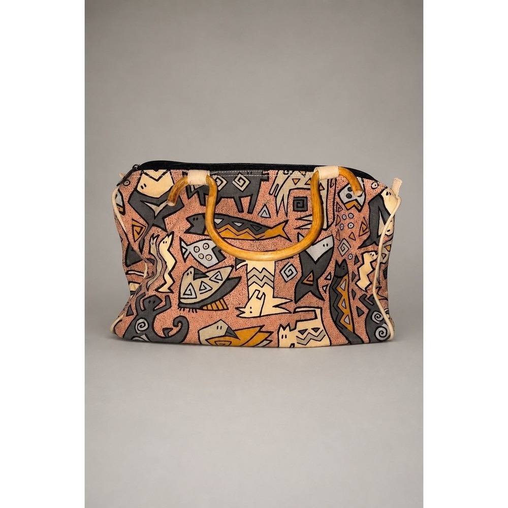 Laurel Burch Sun N Sand Cat Print Canvas Satchel Bamboo Handles Y2K Bag